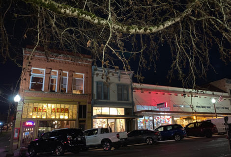 Historic Downtown Snohomish in the evening with lights on