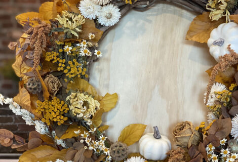 Autumn Wreath Designing Class in Snohomish Washington - dried yellow floral wreath