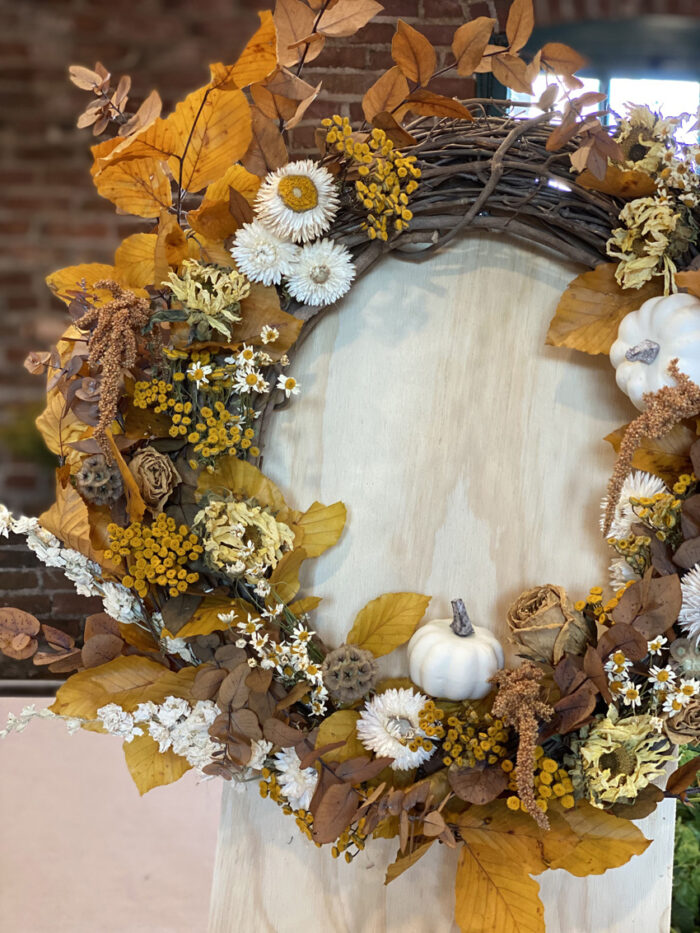 Autumn Wreath Designing Class in Snohomish Washington - dried yellow floral wreath