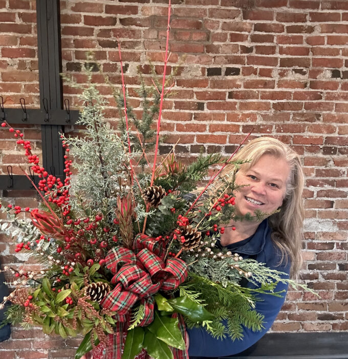 Design a festive Holiday Porch Pot, Christmas decor flower arrangement Workshop