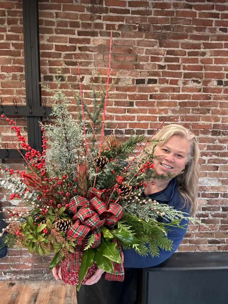 Design a festive Holiday Porch Pot, Christmas decor flower arrangement Workshop