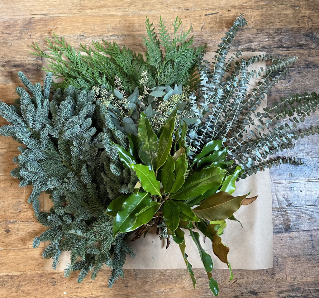 order holiday greenery and foliages for Christmas to decorate your home noble fir eucalyptus magnolia cedar Christmas holiday greenery for sale in Snohmish Bellevue Kirkland