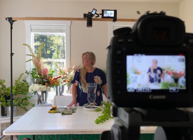 Alicia Schwede behind the scenes while filming the online floral design class