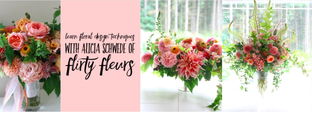 Learn floristry online with Alicia Schwede of Flirty Fleurs and Fleurs Creative. Online class for bridal bouquets, centerpieces and large arrangements.