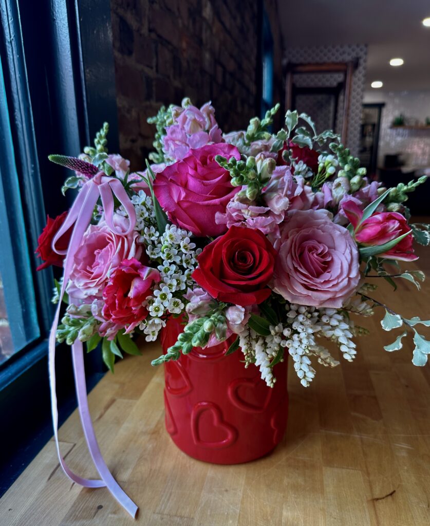 Red and Pink Flower Arrangement for Valentine's Day - flower arranging workshop in Snohomish Washington