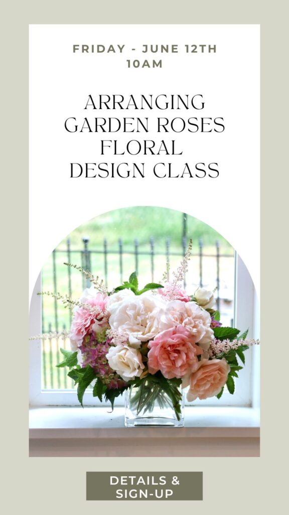 flower arranging class with garden roses at a workshop in Snohomish Washington at Fleurs Creative