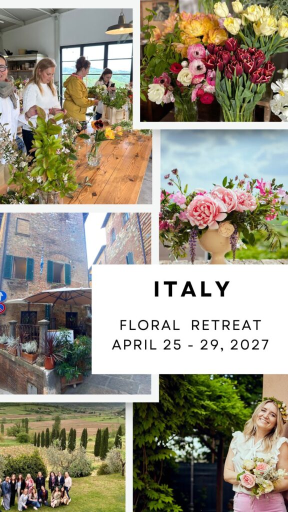 Floral Design Retreat Workshop in Tuscany Italy with Alicia Schwede of Flirty Fleurs takes place in April 2027